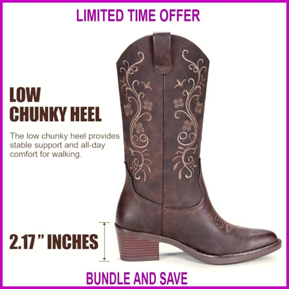 Women's Embroidered Cowboy Boots, Mid-Calf Western Pull-On with Chunky Heel - Picture 3 of 7
